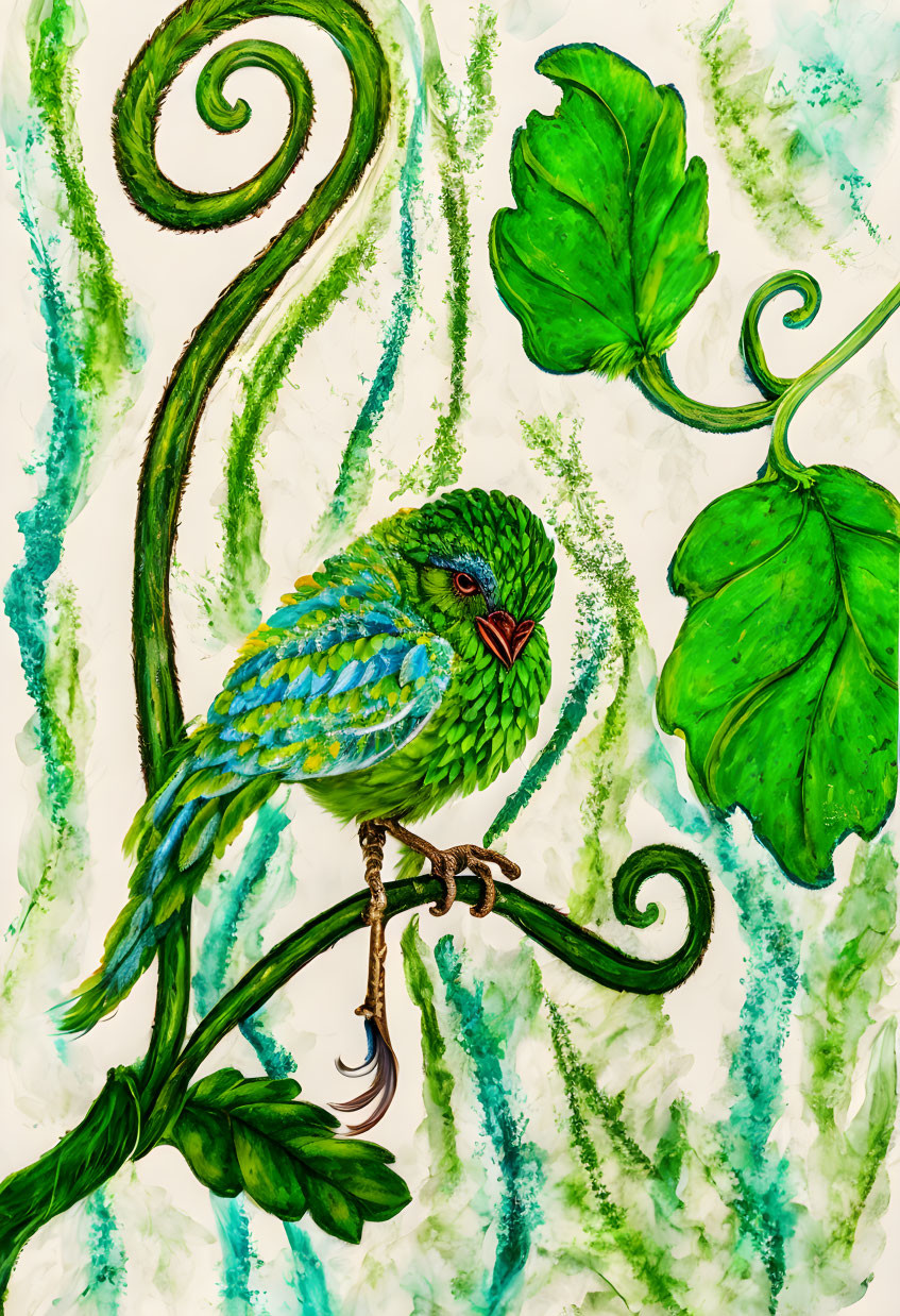 Colorful Green Bird on Curling Vine with Red Beak and Leaves on White Background