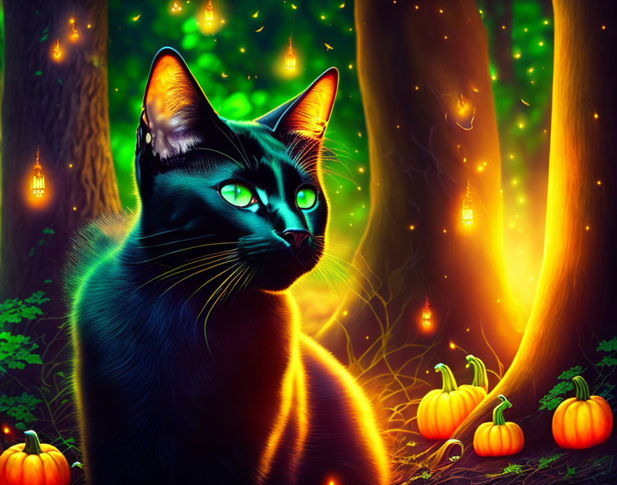 Black Cat with Luminous Green Eyes in Mystical Forest with Lanterns and Pumpkins