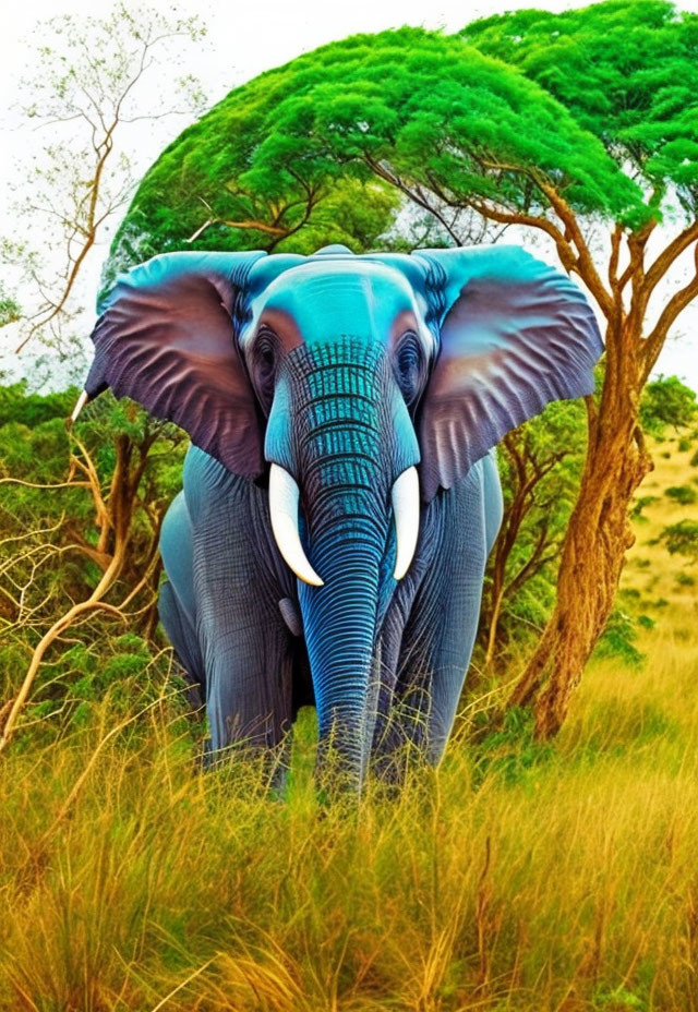 Vibrant blue and green elephant in grassy savanna