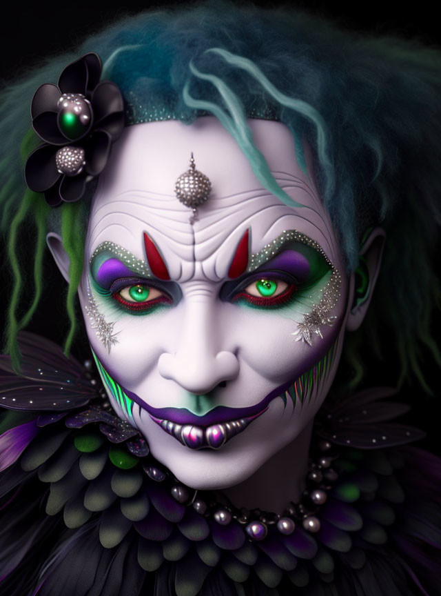 Vibrant portrait of a person in clown makeup with colorful eye shadow, purple lip, feathers,