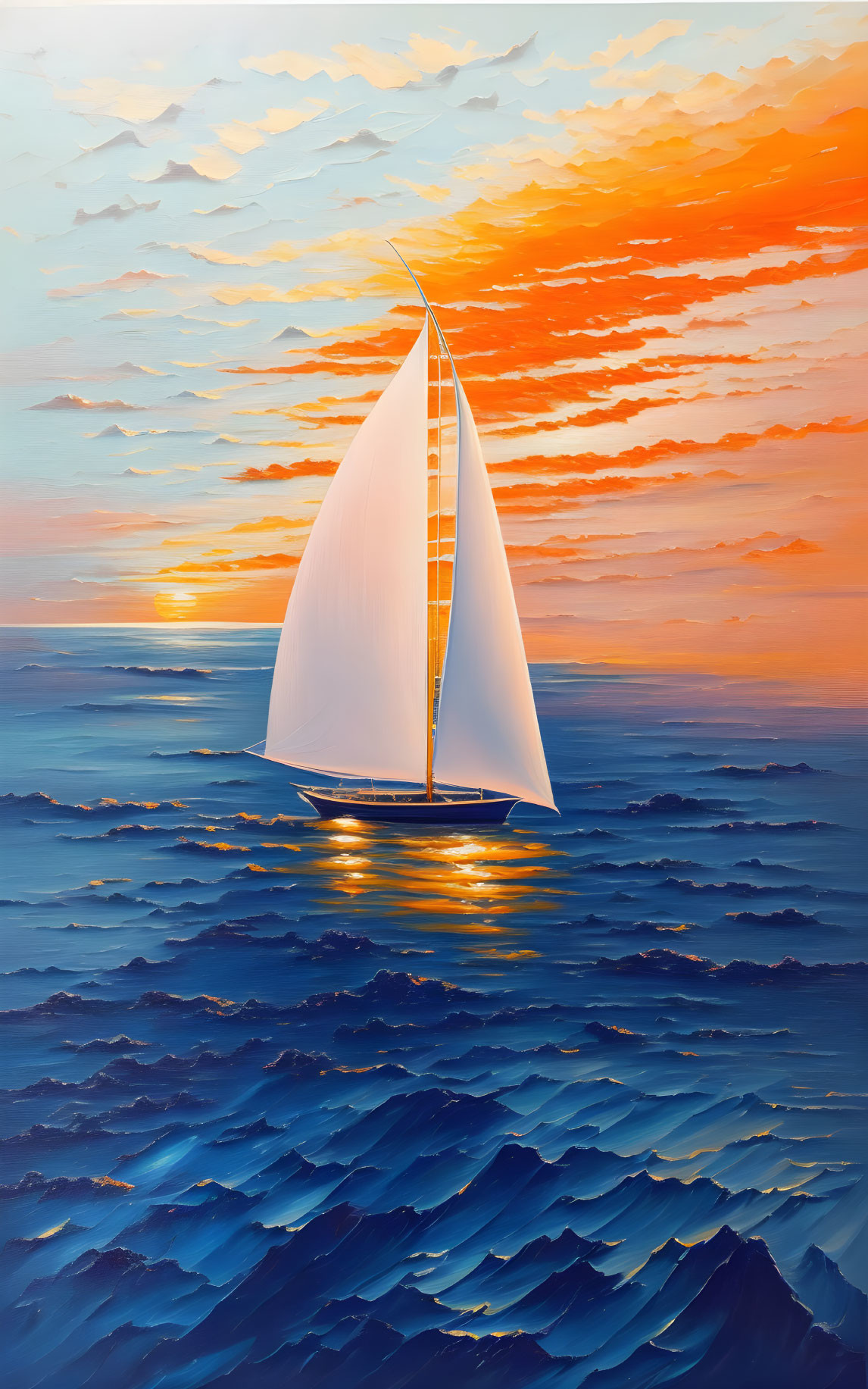 Sailboat sailing on wavy sea under vibrant sunset