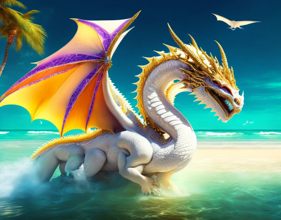 Golden dragon with wide wingspan on sunny beach with palm trees and blue sky