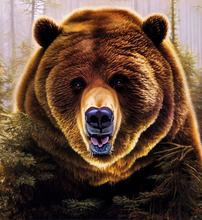 Detailed Hyper-Realistic Brown Bear Face in Forest Setting