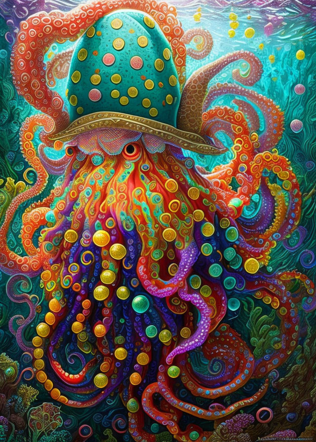 Colorful Octopus Illustration with Psychedelic Patterns in Undersea Scene