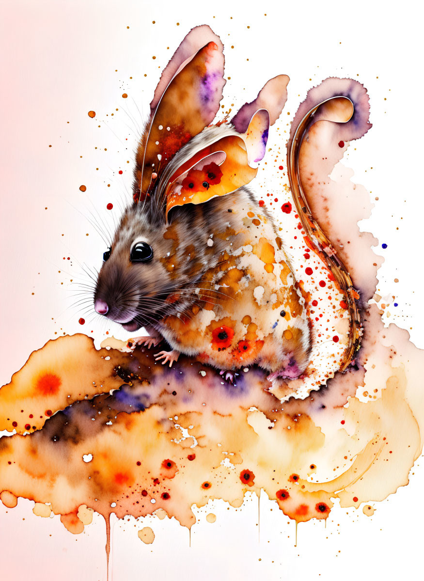 Vibrant watercolor painting of whimsical mouse in orange, red, and purple splashes