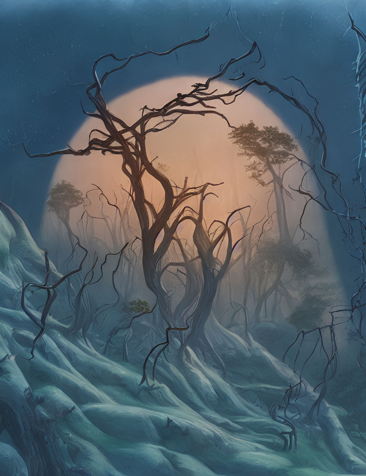 Mystical forest with gnarled trees in blue-toned twilight