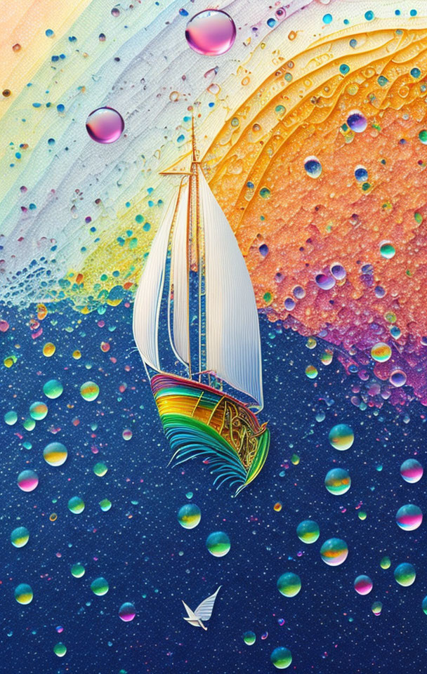 Colorful sailboat sailing on whimsical waves under a multicolored bubble-filled sky.