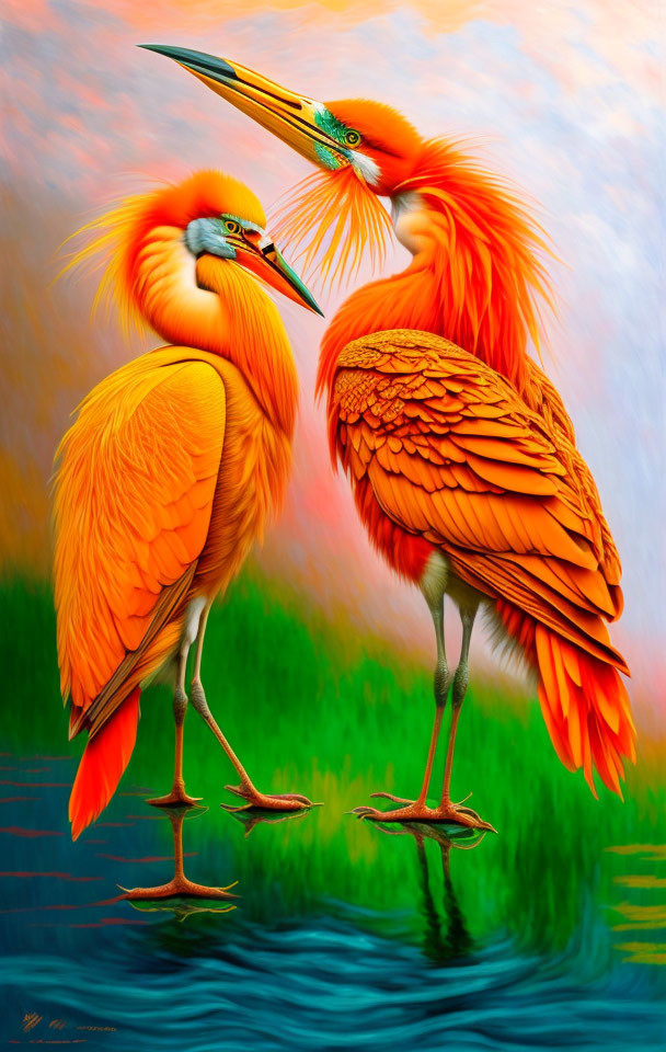 Vibrant orange-feathered birds with long beaks on multicolored background