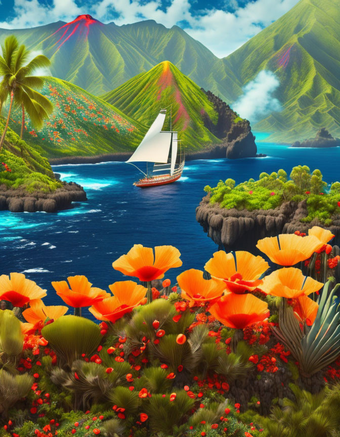 Sailboat on serene tropical waters with lush coastline and green mountains