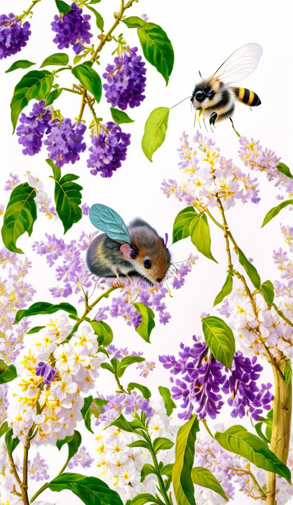 Fantasy illustration of tiny mouse with butterfly wings in floral scene.
