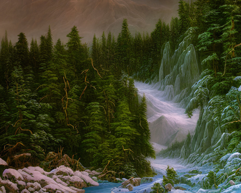 Snow-covered river in pine forest with icy banks and foggy mountains