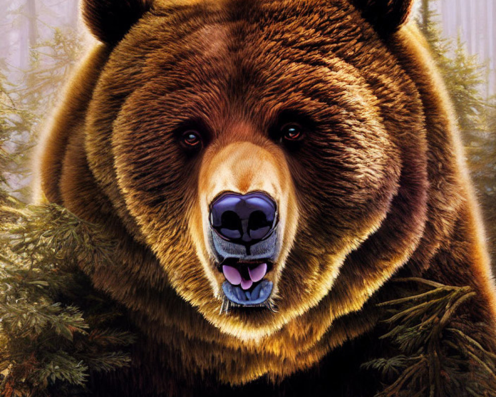 Detailed Hyper-Realistic Brown Bear Face in Forest Setting