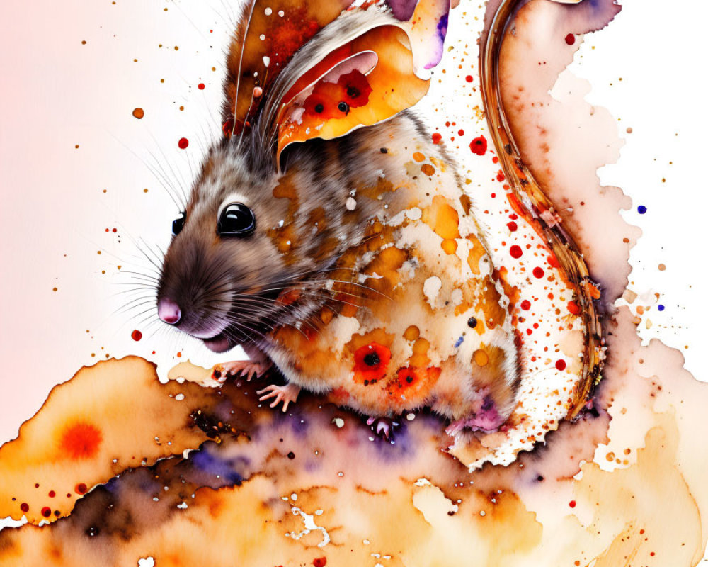 Vibrant watercolor painting of whimsical mouse in orange, red, and purple splashes