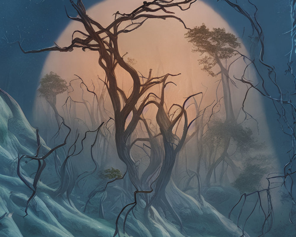 Mystical forest with gnarled trees in blue-toned twilight