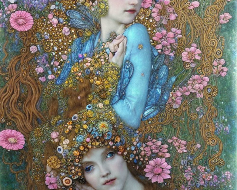 Ethereal figures surrounded by flowers and intricate patterns