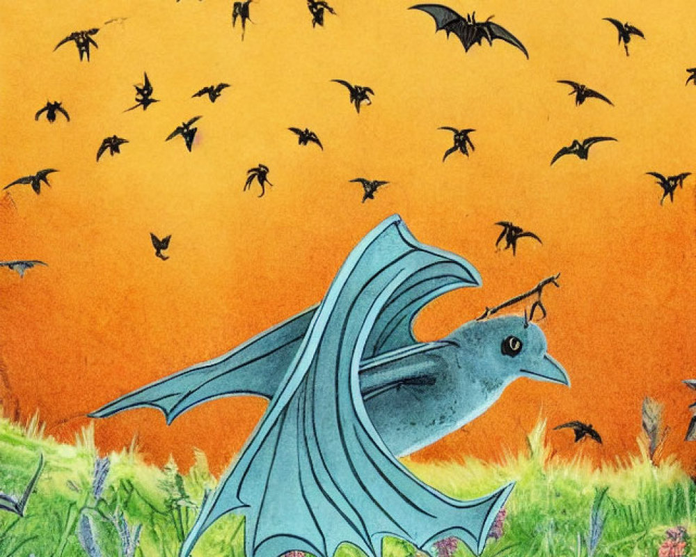 Illustration of bird with bat-like wings in field with bats flying in orange sky