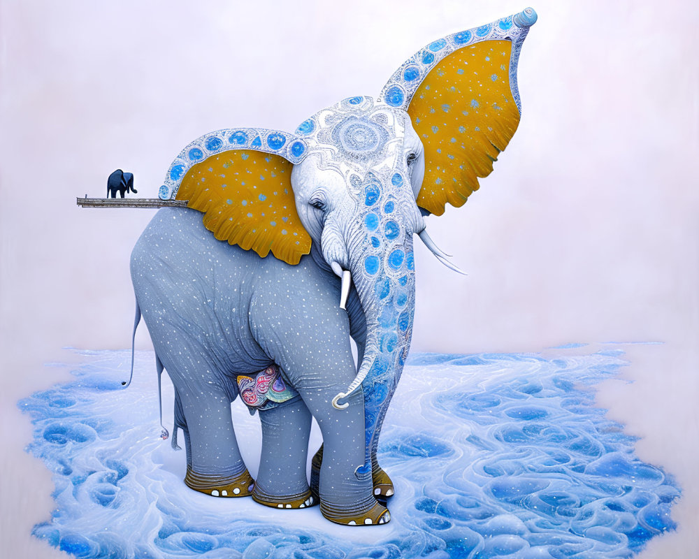 Decorated Elephant Artwork with Blue and Yellow Patterns