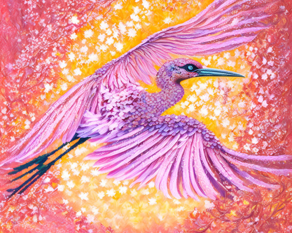 Colorful Heron Painting with Floral Patterns on Red Background