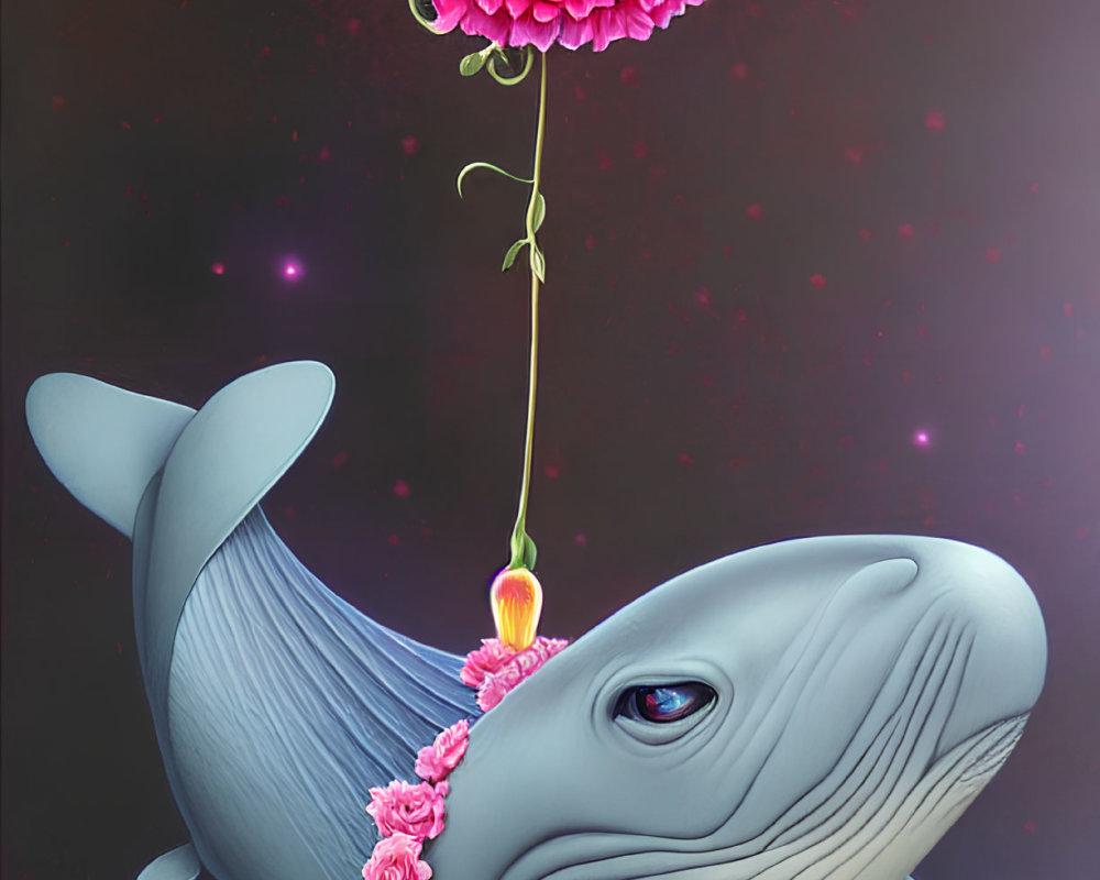 Gray whale with pink floral garland floating in space