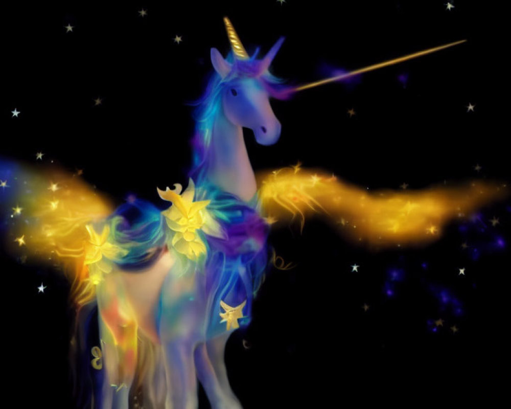 Digital artwork: Glowing unicorn with wings, stars, butterflies, shooting star