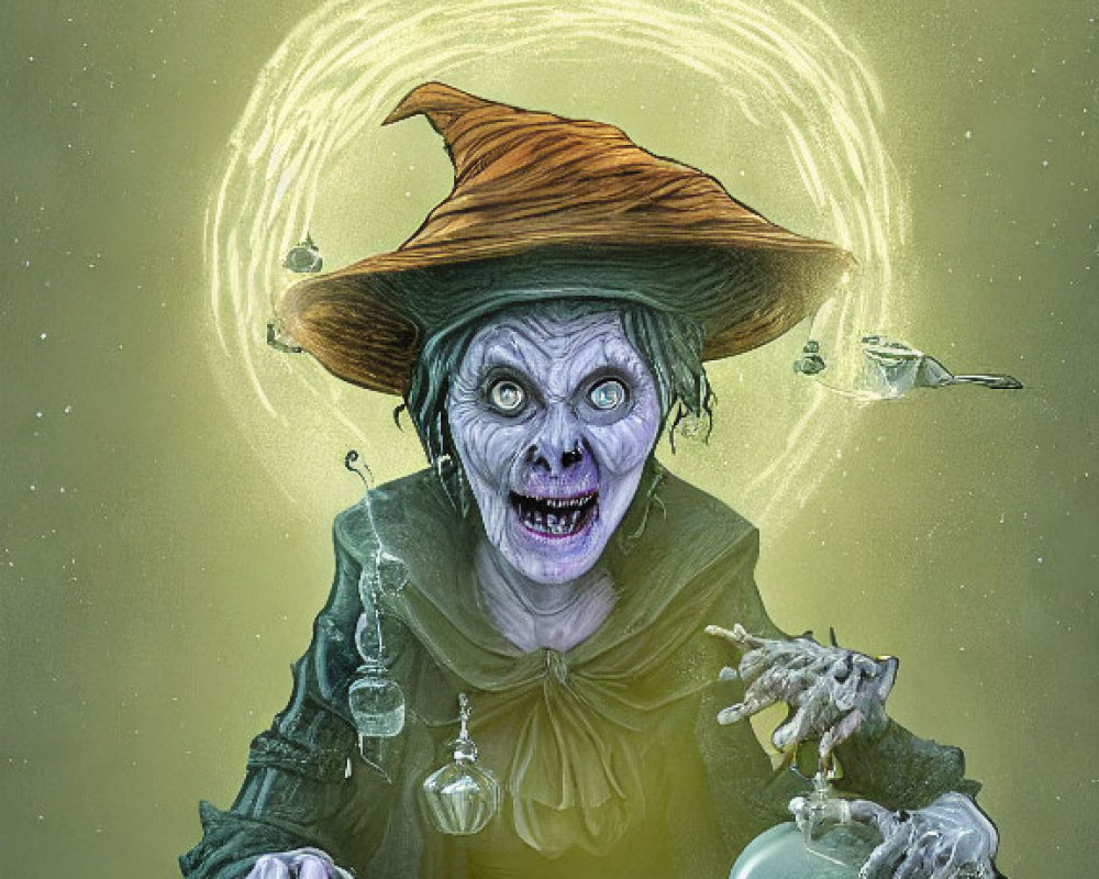 Detailed Illustration of Cackling Witch with Cauldron, Crystal Ball, Books, and Pot