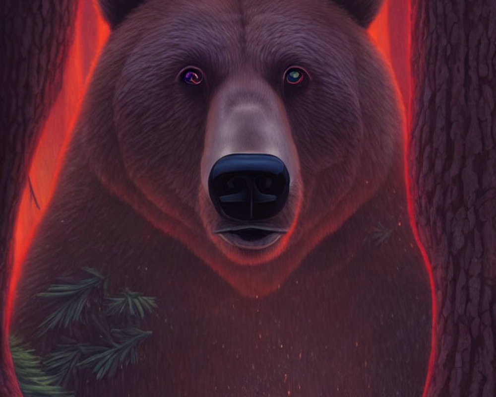 Illustrated bear with glowing eyes in dark forest with mysterious red glow