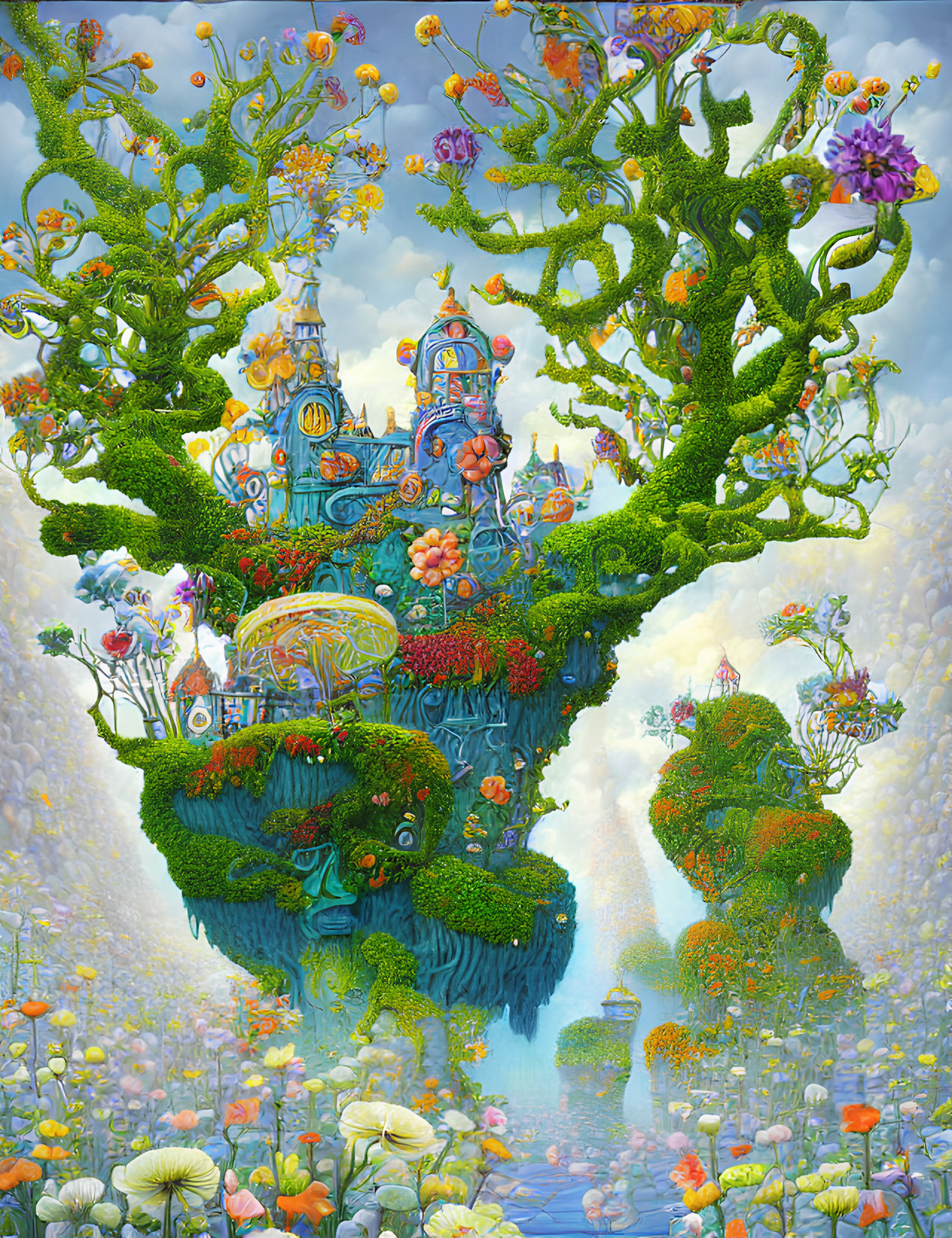 Whimsical castle on lush floating island surrounded by vibrant flora