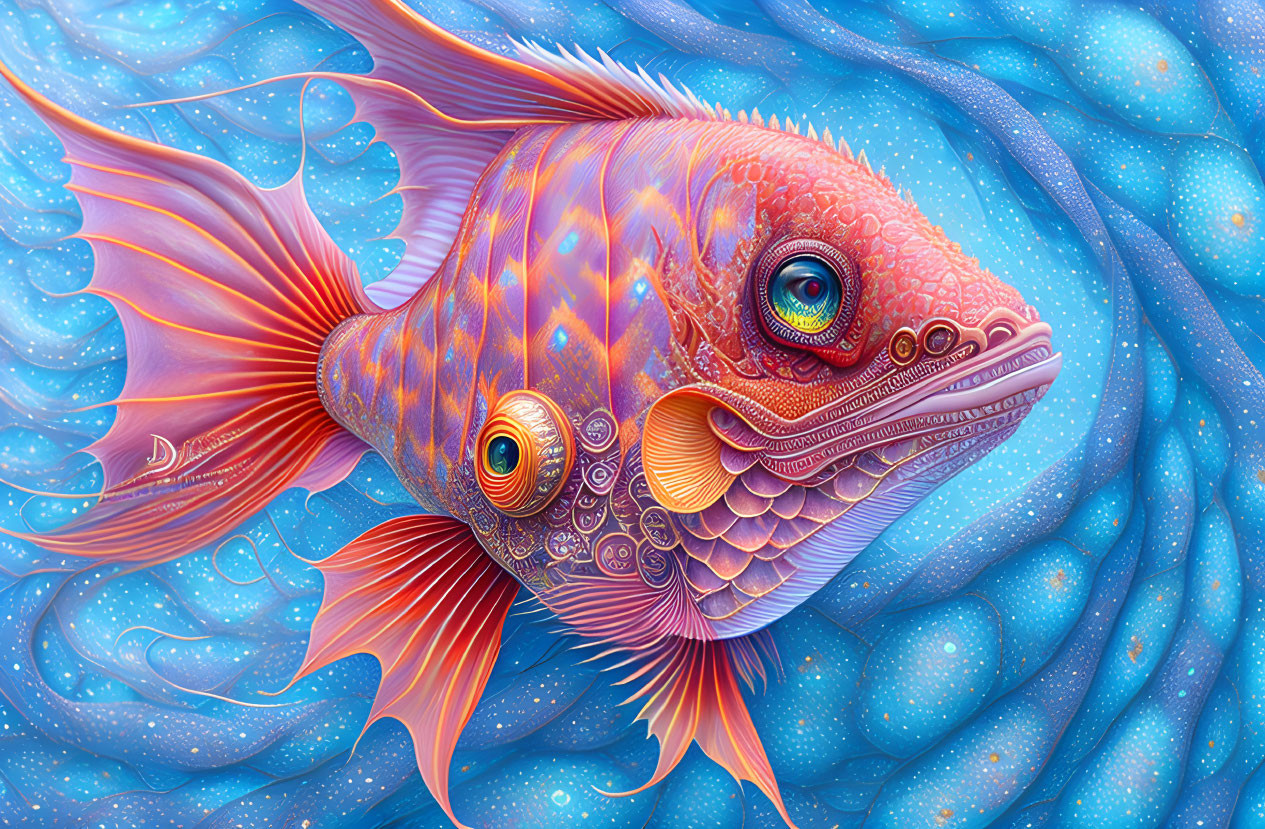 Colorful Fantastical Fish Artwork with Intricate Patterns on Swirling Blue Background