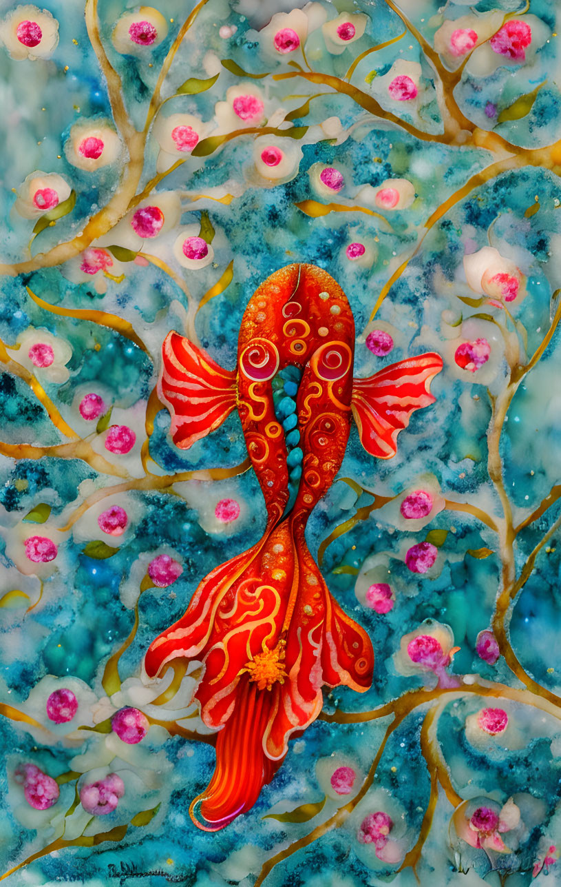 Colorful Koi Fish Swimming in Blue Water and Pink Blossoms