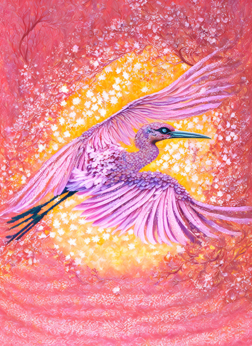 Colorful Heron Painting with Floral Patterns on Red Background