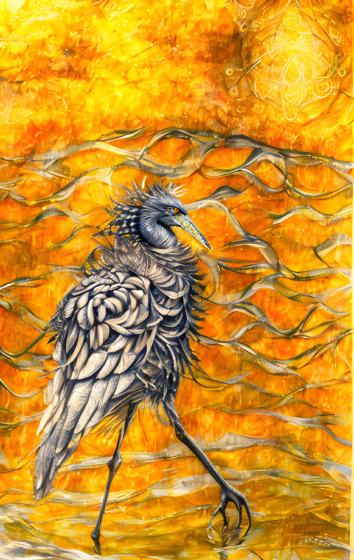 Detailed Black-Feathered Bird Illustration on Vibrant Orange Background