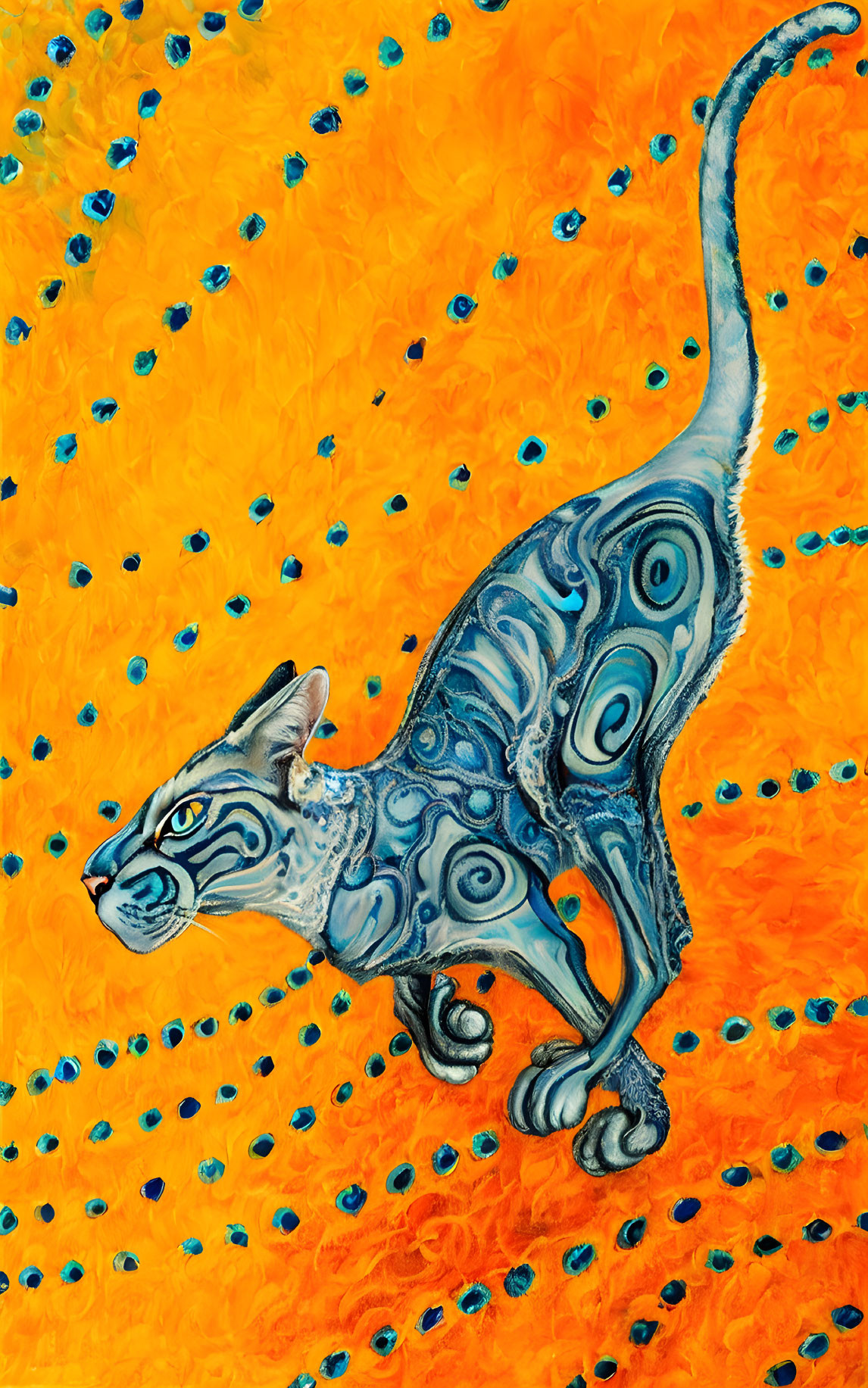 Colorful Stylized Cat Art with Swirled Blue Patterns on Orange Background