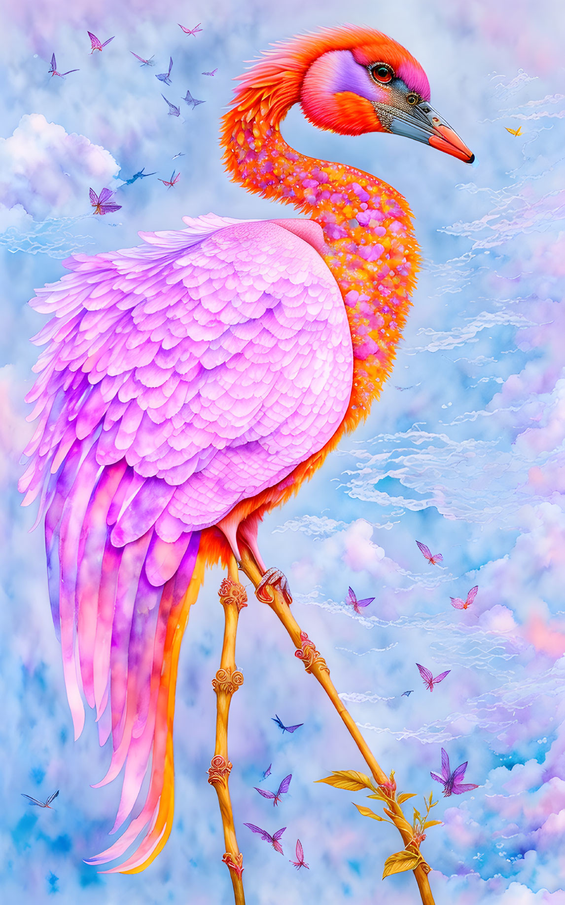 Colorful Flamingo Artwork with Sky, Clouds, and Butterflies