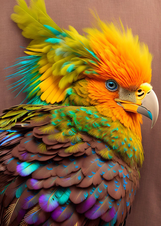 Colorful Digital Art: Bird with Vibrant Orange, Yellow, Green, and Blue Feathers