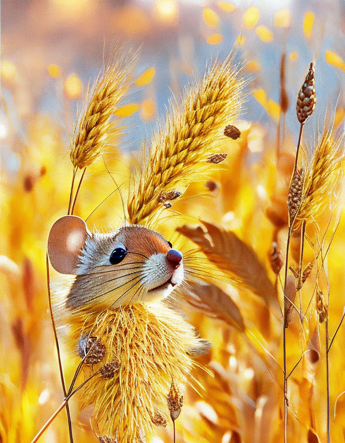 Illustrated cute mouse in wheat field under warm light