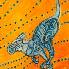 Colorful Stylized Cat Art with Swirled Blue Patterns on Orange Background