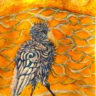 Detailed Black-Feathered Bird Illustration on Vibrant Orange Background