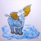 Decorated Elephant Artwork with Blue and Yellow Patterns