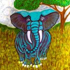 Vibrant blue and green elephant in grassy savanna