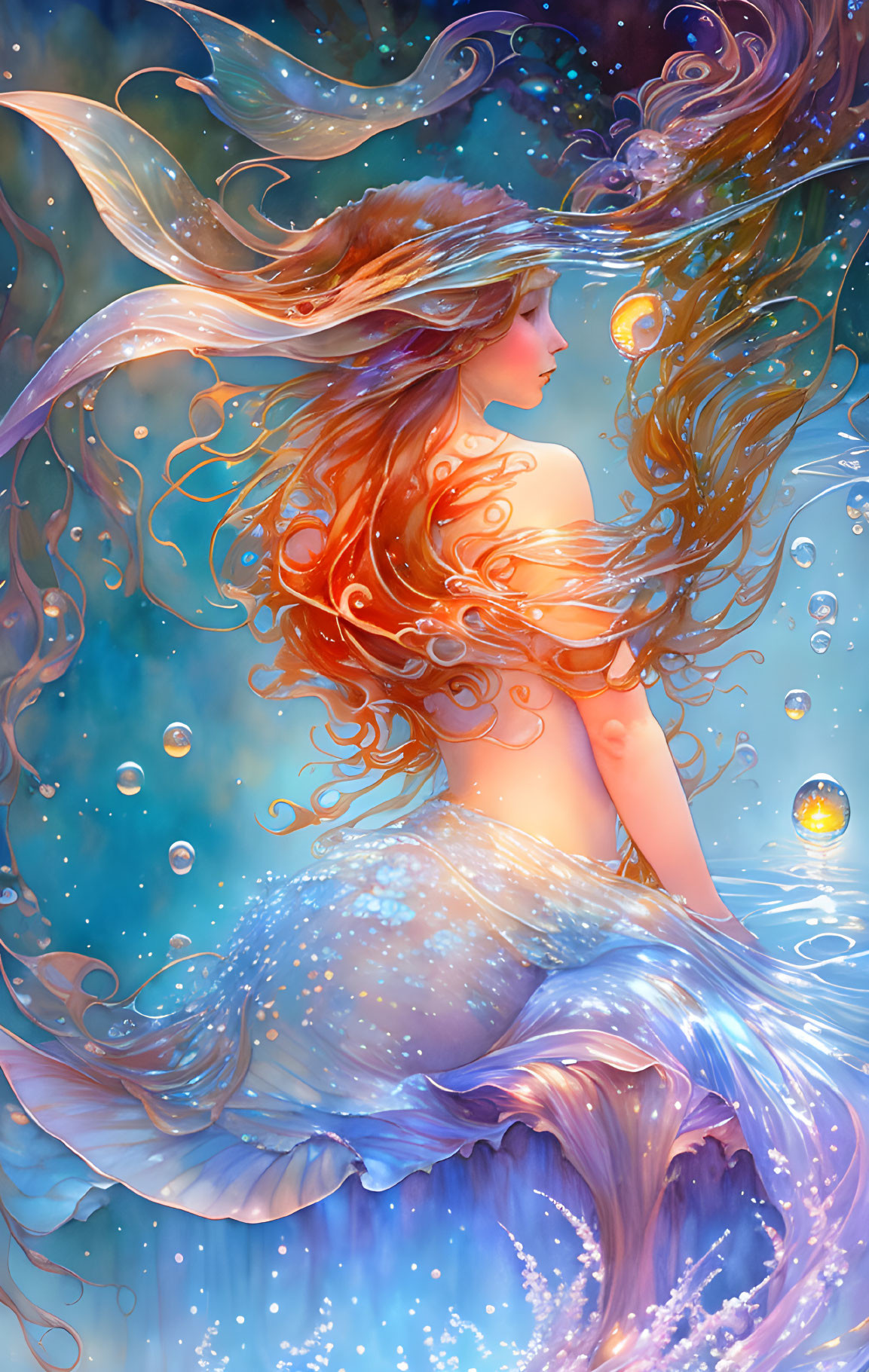 Ethereal woman in underwater scene with glowing orbs and bubbles