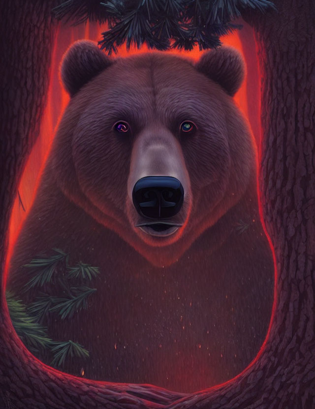 Illustrated bear with glowing eyes in dark forest with mysterious red glow