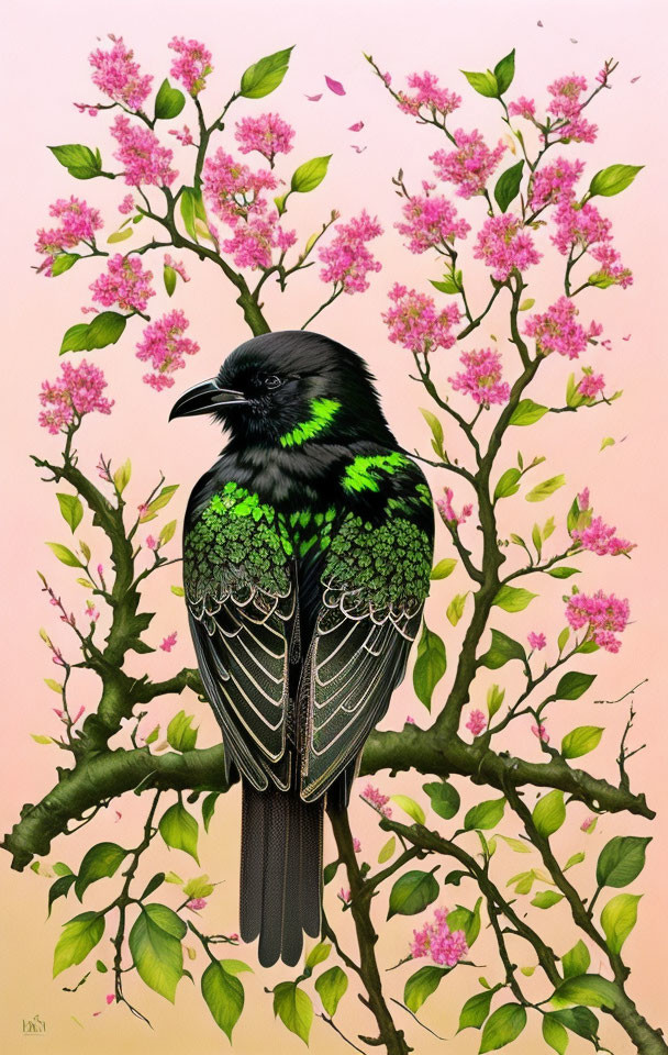 Detailed Black Bird Illustration Perched on Blossoming Branch