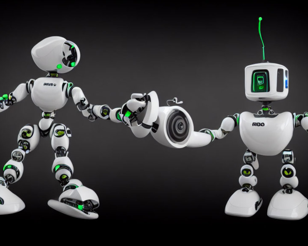 Futuristic humanoid robots in white and green handshake on dark background