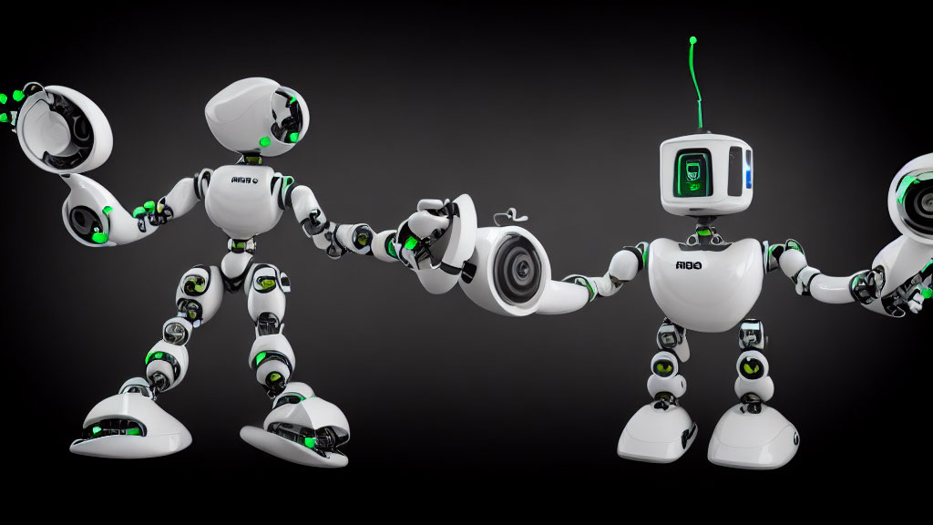 Futuristic humanoid robots in white and green handshake on dark background