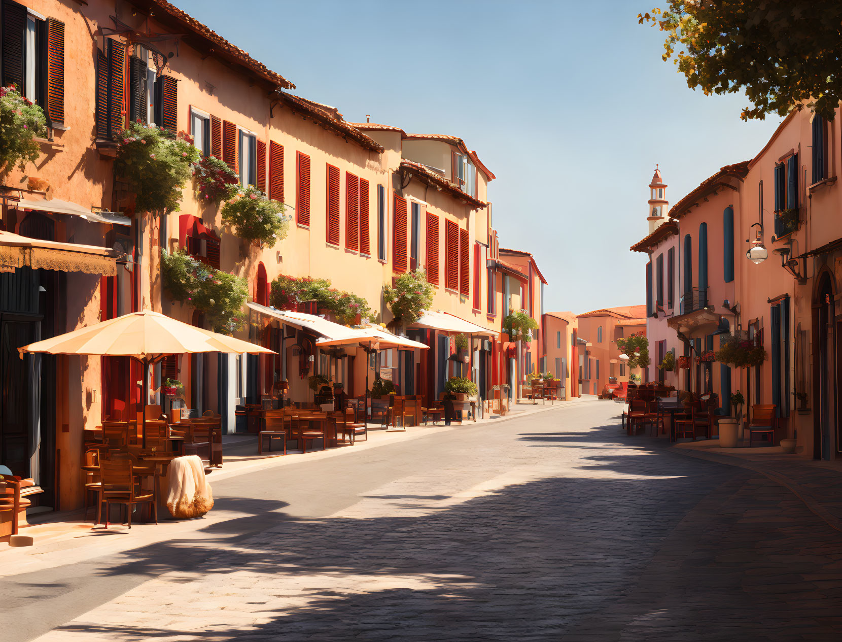 Charming European street with colorful buildings and outdoor cafes