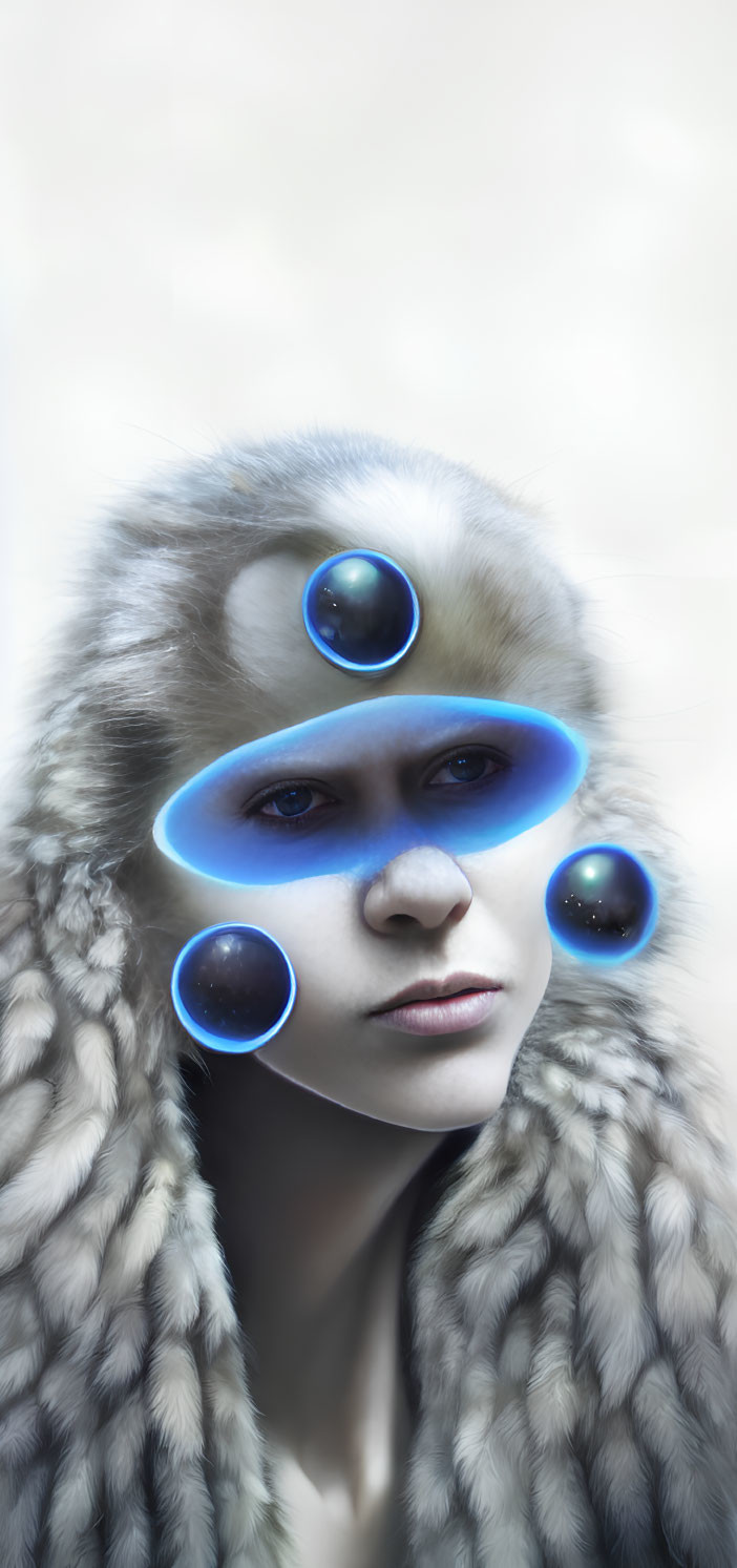 Surreal portrait of person with pale skin and blue eyes in fur garment with levitating rings and