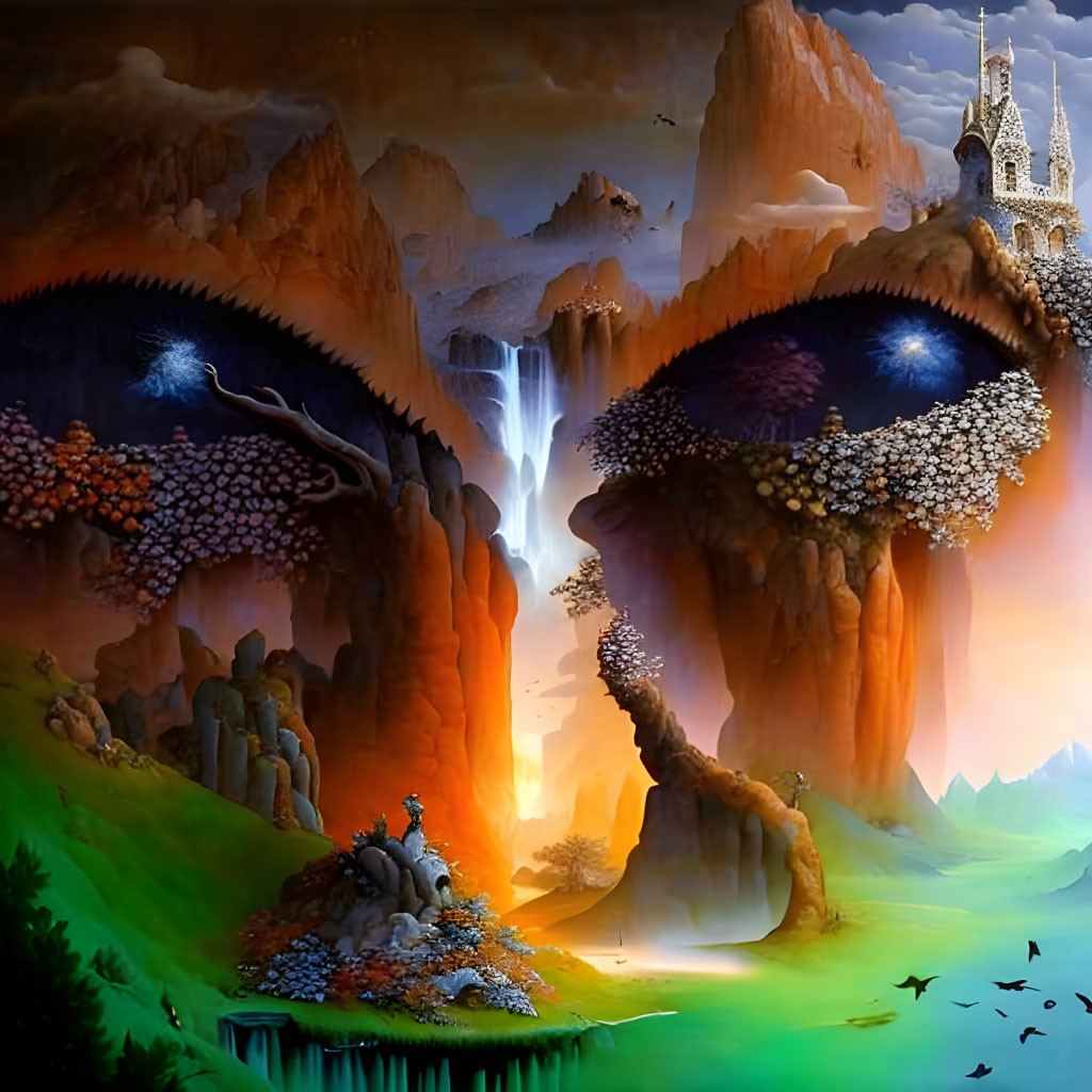 Fantasy landscape with glowing tree, waterfalls, castle, and mountain caves