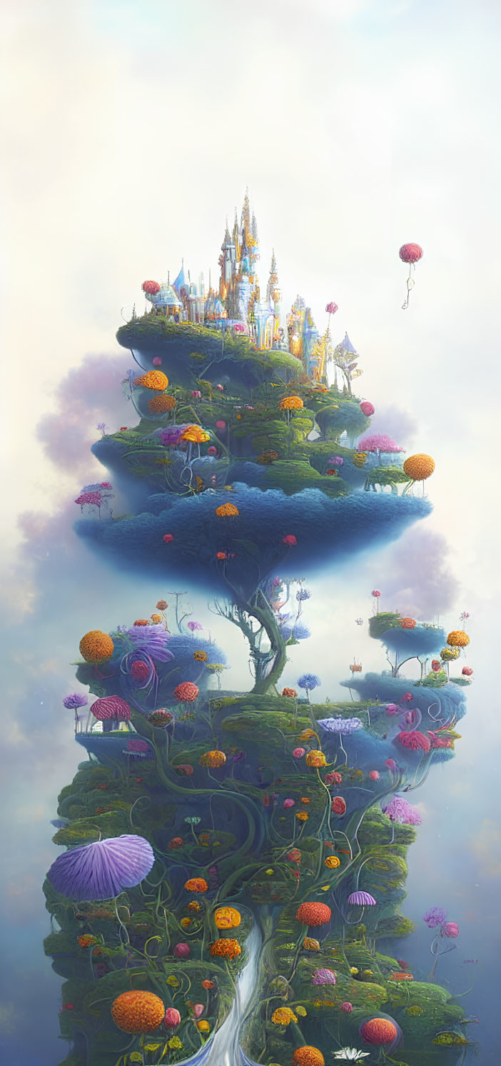 Giant fantasy tree city with floating islands and exotic flora