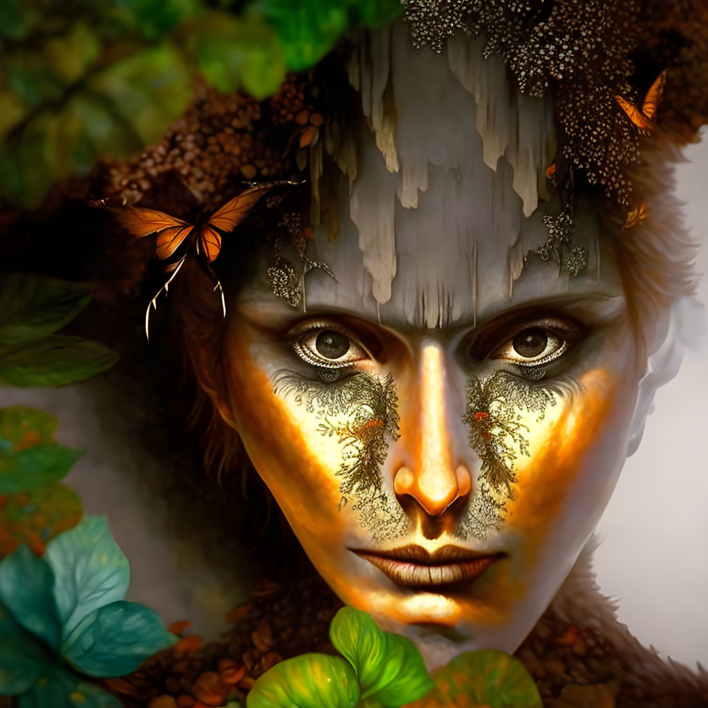 Face with Nature Elements: Leaves, Trees, Butterflies on Warm Background