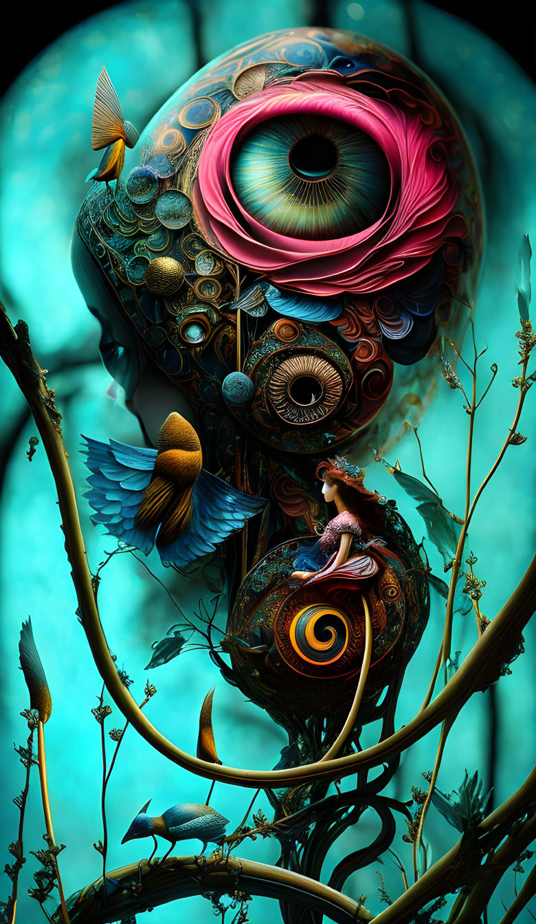 Colorful surrealist artwork with eye, florals, bird, and figure